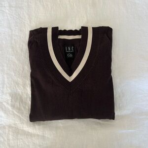 INC International Concepts Women's V-Neck Sweater - Brown with White Trim.